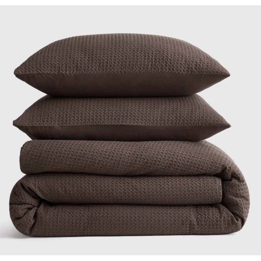 QUINCE ORGANIC LUXE HONEYCOMB DUVET COVER SET Espresso Brown Full/ Queen NEW
